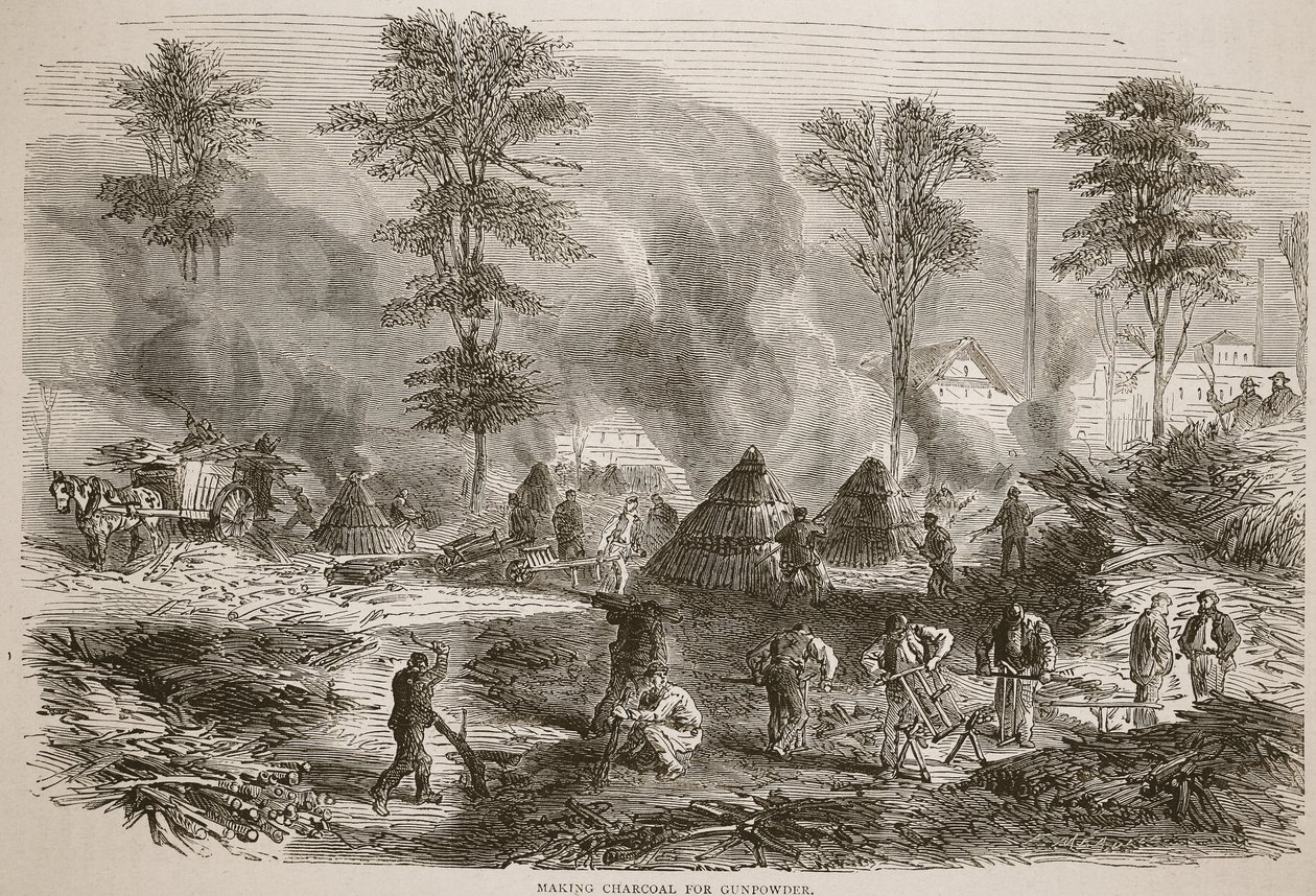 Att göra träkol för krut, illustration från Cassells historia om kriget mellan Frankrike och Tyskland, 1870-1871 av French School