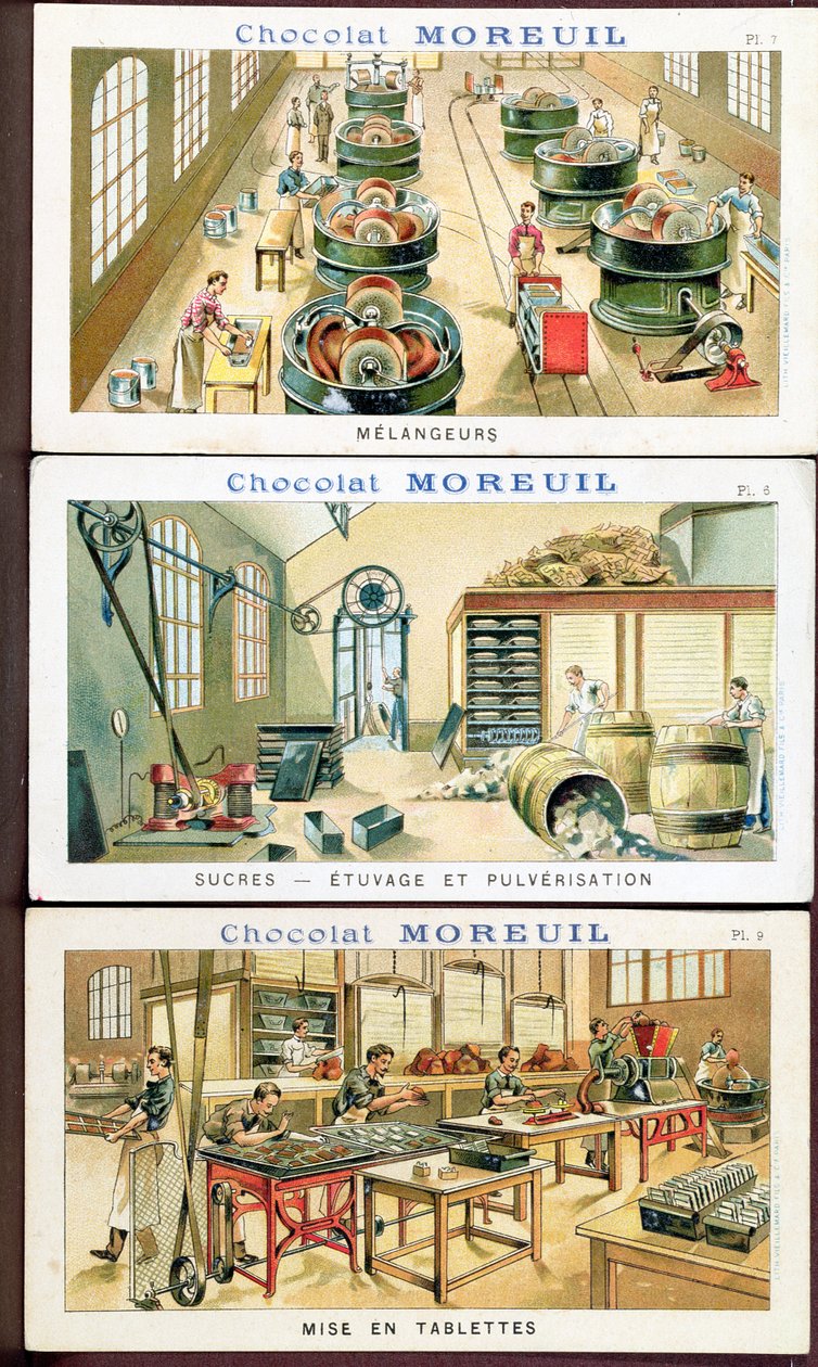 Göra choklad, bildreklam för chokladen Moreuil, ca 1900 (se även 289139) av French School