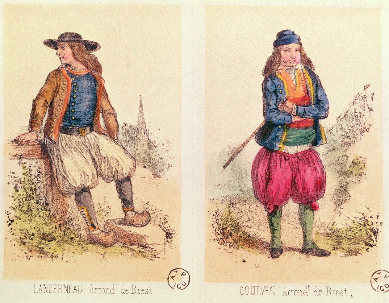 Mansdräkter från Landerneau och Goulven, från Les Costumes Bretons de Sorrieu av French School