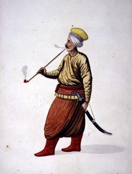 Man Smoking a Pipe, ottomansk period, tredje kvartalet av 1700-talet (akvarell på papper) av French School