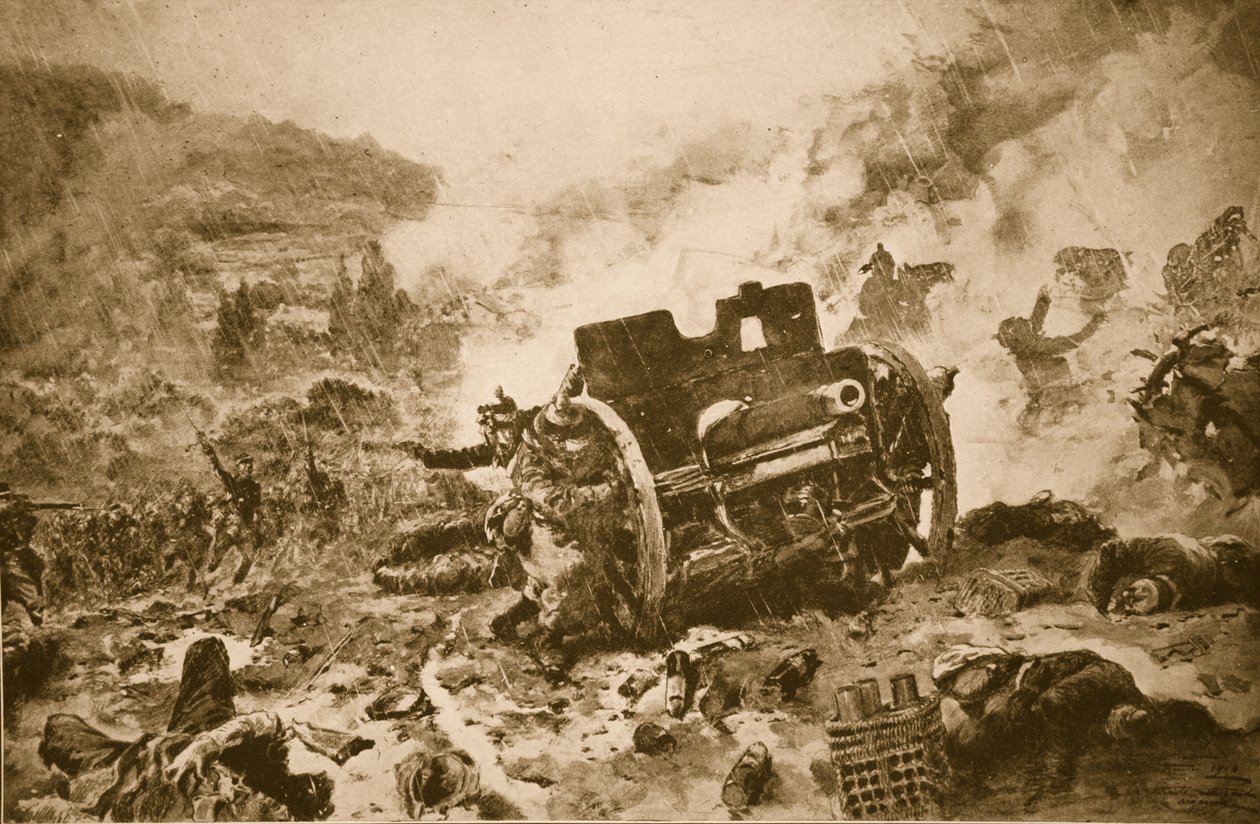Äntligen man till man! Franskt infanteri som förföljer ett flygande tyskt batteri i en regnsvept dal i Argonne, 1914-19 av French School