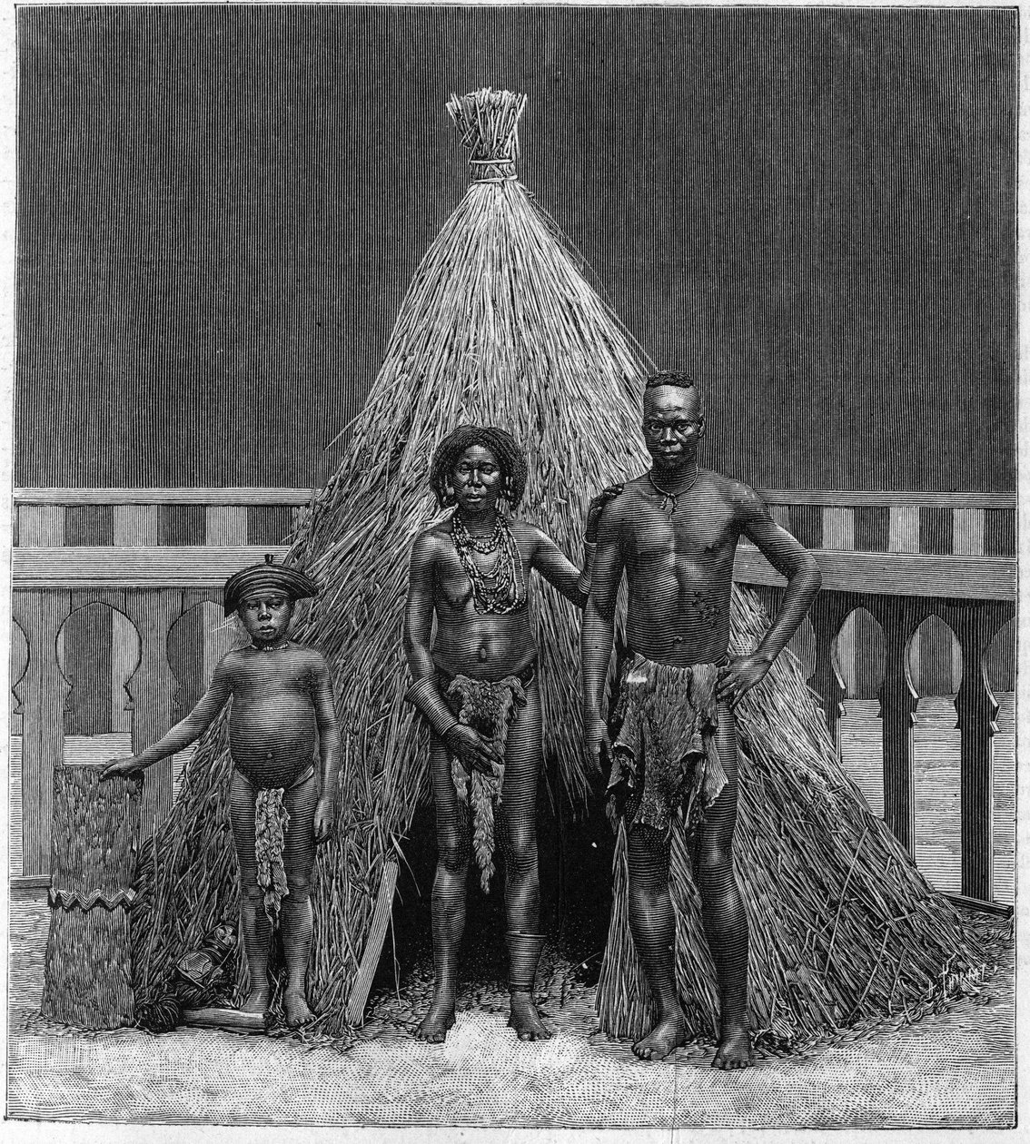 Man, kvinna och barn till den angolanska truppen ställde ut i Paris under världsutställningen 1889 (Human Zoo). av French School