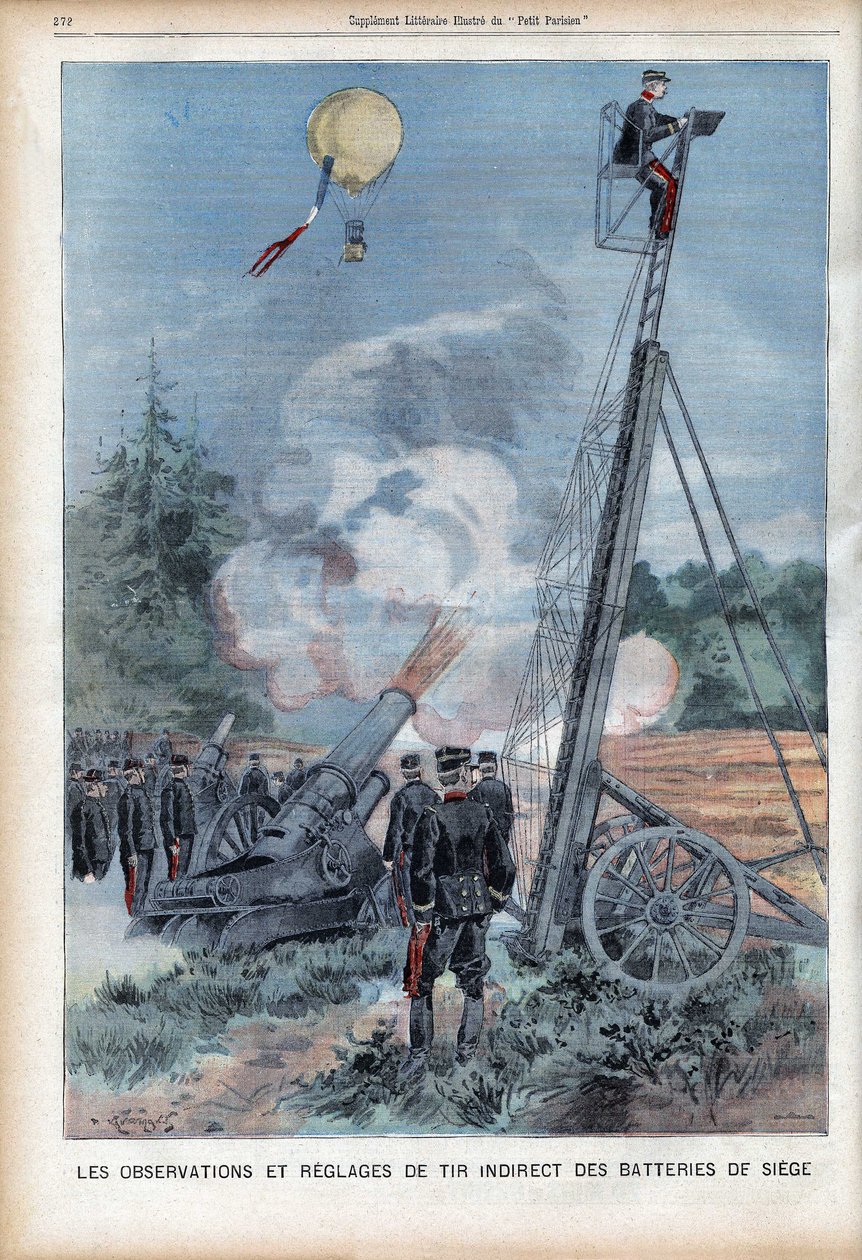 Manöver och observation av den franska Armee i Langres med en Gugumus-stege för att testa avfyrningen av kanonerna, i "Le Petit Parisien", den 26/08/1906 (gravyr) av French School