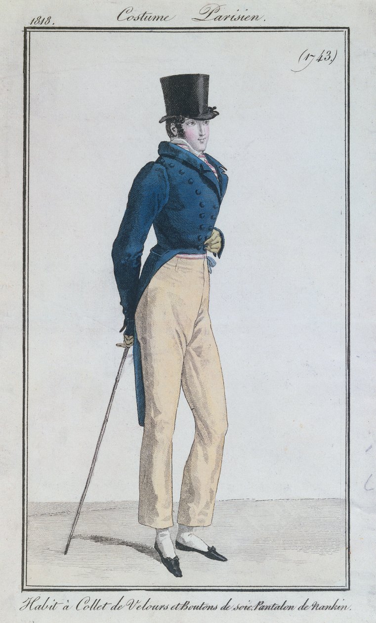 Herrkostym med sammetskrage, sidenknappar och nankeenbyxor, 1816 av French School