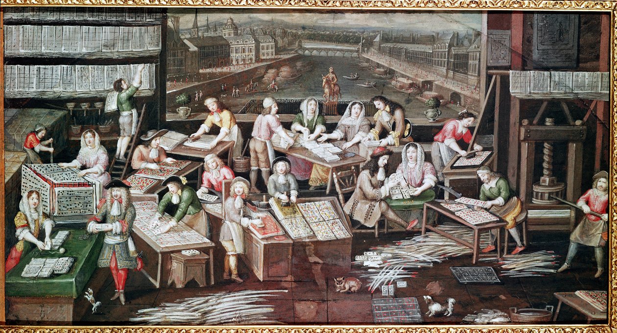 Tillverkning av spelkort i ett hus på Place Dauphine (design för en fläkt, gouache på papper, ca 1680) av French School