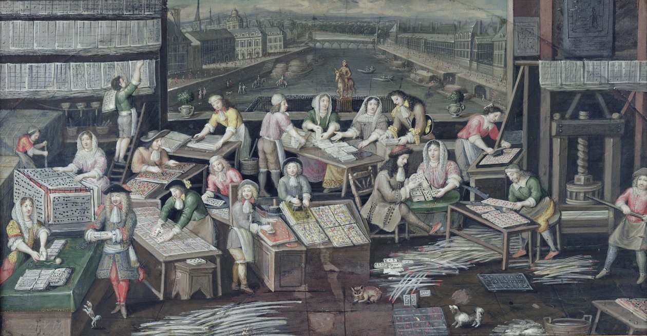 Tillverkning av spelkort i ett hus på Place Dauphine, design för en fläkt, ca 1680 av French School