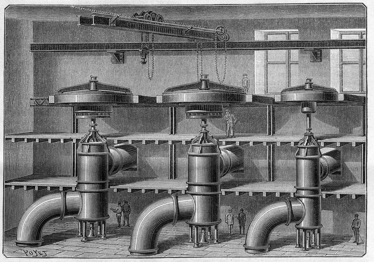 Tillverkning av aluminium; installation av turbiner och dynamo vid Neuhausen-fabriken (Schweiz). Gravyr i "" Nature. Journal of science och dess tillämpningar på konst och industri. av French School