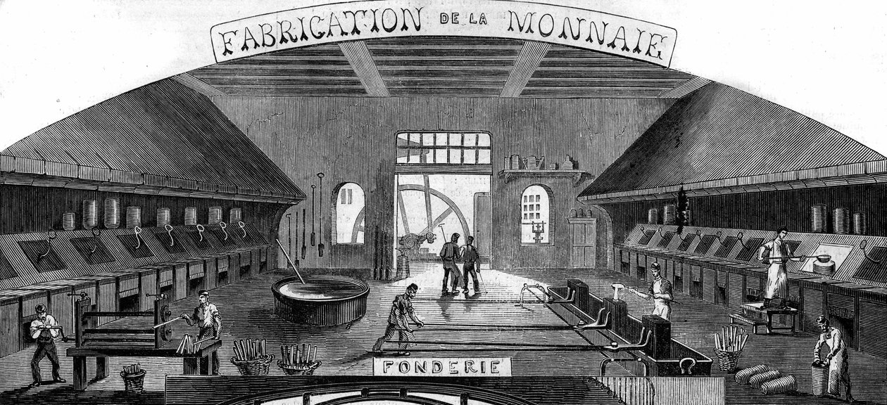 Tillverkning av pengar: gjuteri. Gravyr i "Le Monde Illustré"" nr 145 av 21 januari 1860. av French School