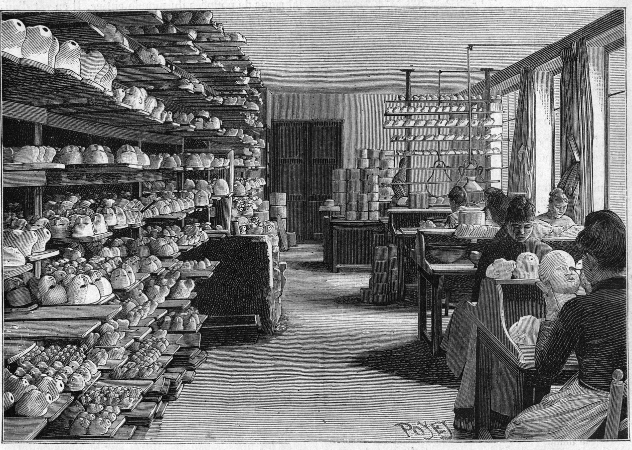 Tillverkning av montreuildockor 1888. Plats för torkning av dockhuvuden före matlagning och decoupage av ögon. av French School