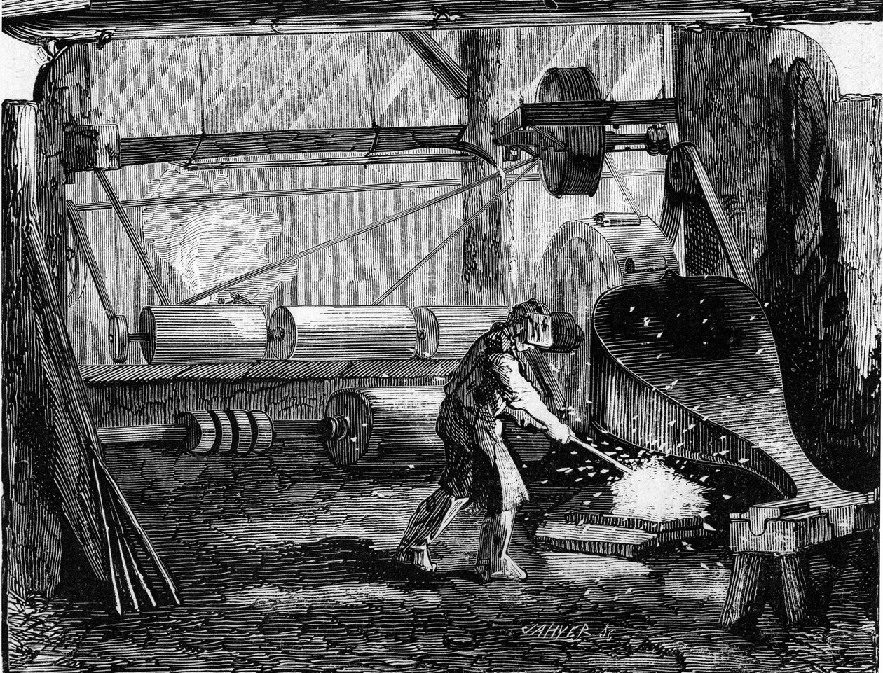 Tillverkning av gevärskanoner: järnremsorna är röda tomma. Gravyr i "" Le Monde Illustré"" nr 35 av 12 december 1857. av French School