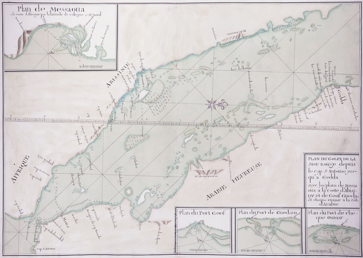 Manuskriptkarta över den södra delen av Röda havet från Afrikas horn och Jemen upp till Jiddah, ca 1740 av French School
