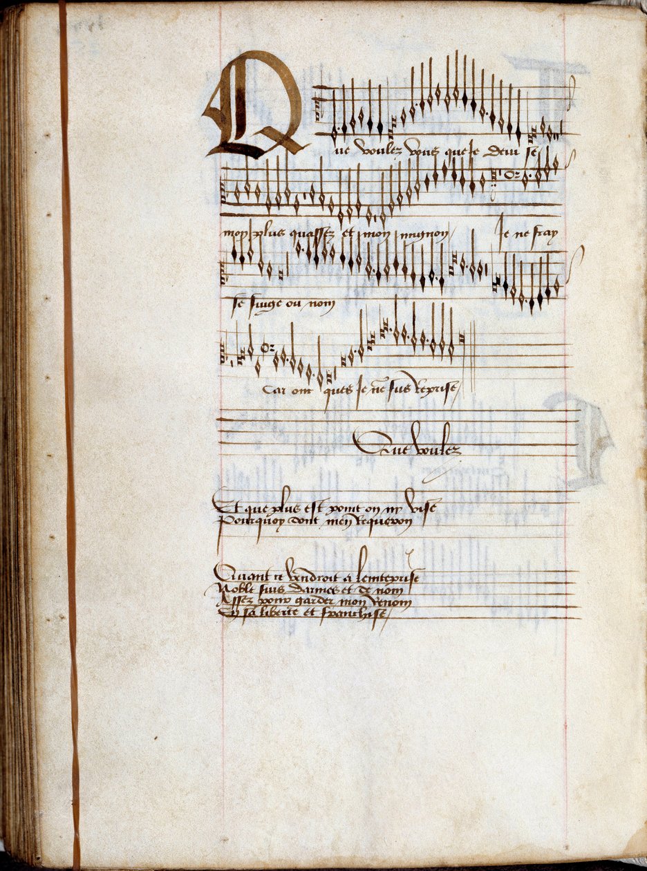 Manuskriptsida ur en samling franska sångpartitur. 1400-talet. Dijon, Stadsbiblioteket av French School