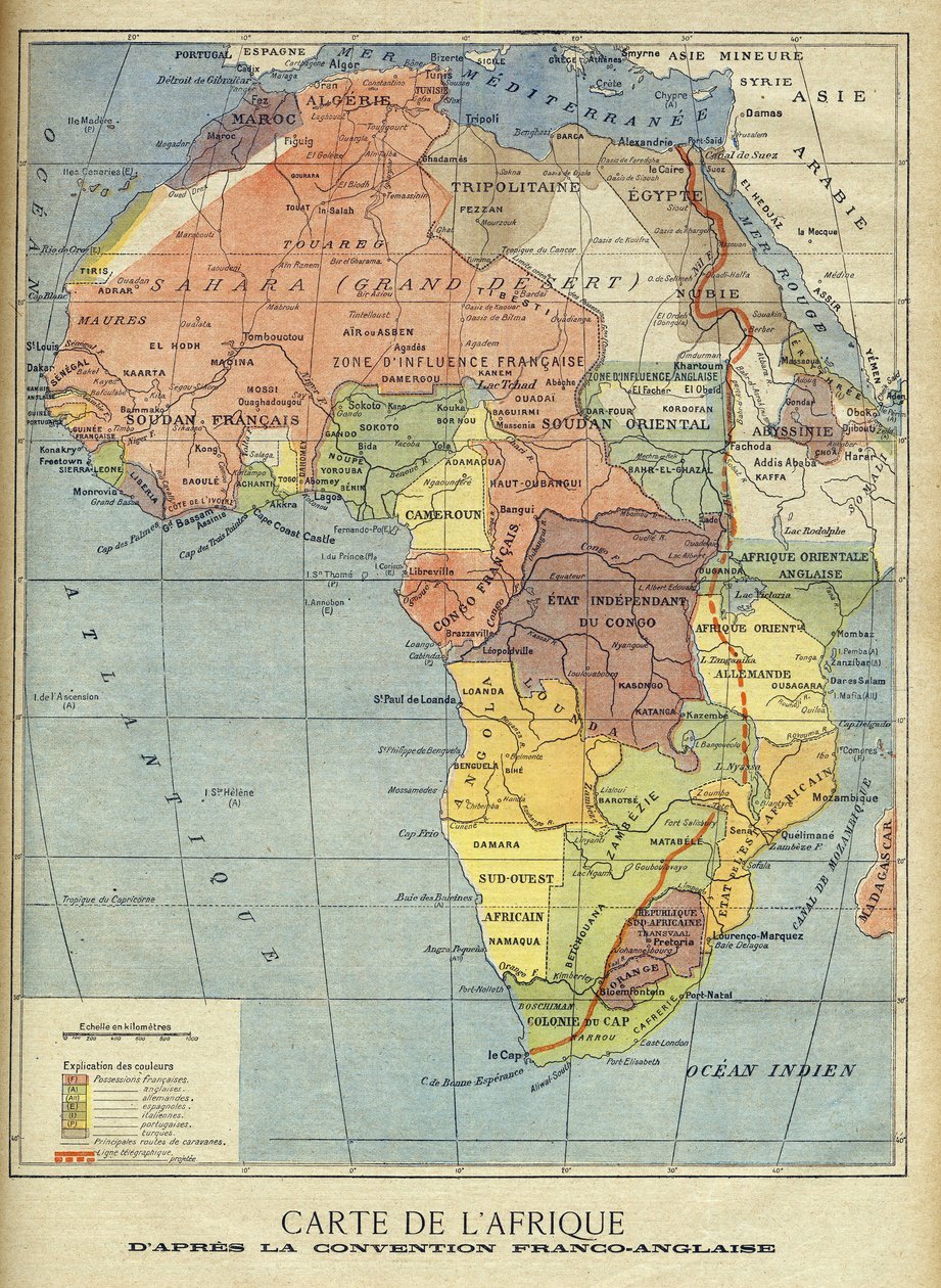 Karta över Afrika efter undertecknandet av det anglo-franska avtalet i mars 1899 (färg litho) Illustration för Le Petit Journal, 9 april 1899 (gravyr) av French School