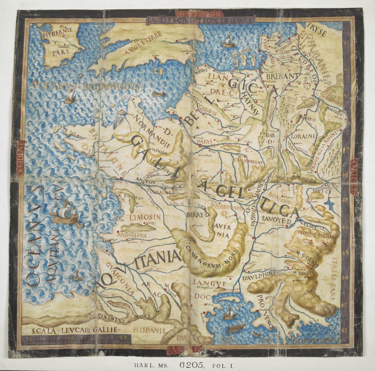 Karta över det antika Europa, från "Les Commentaries de la Guerre Gallique" (bok I) av François Desmoulins de Rochefort av French School