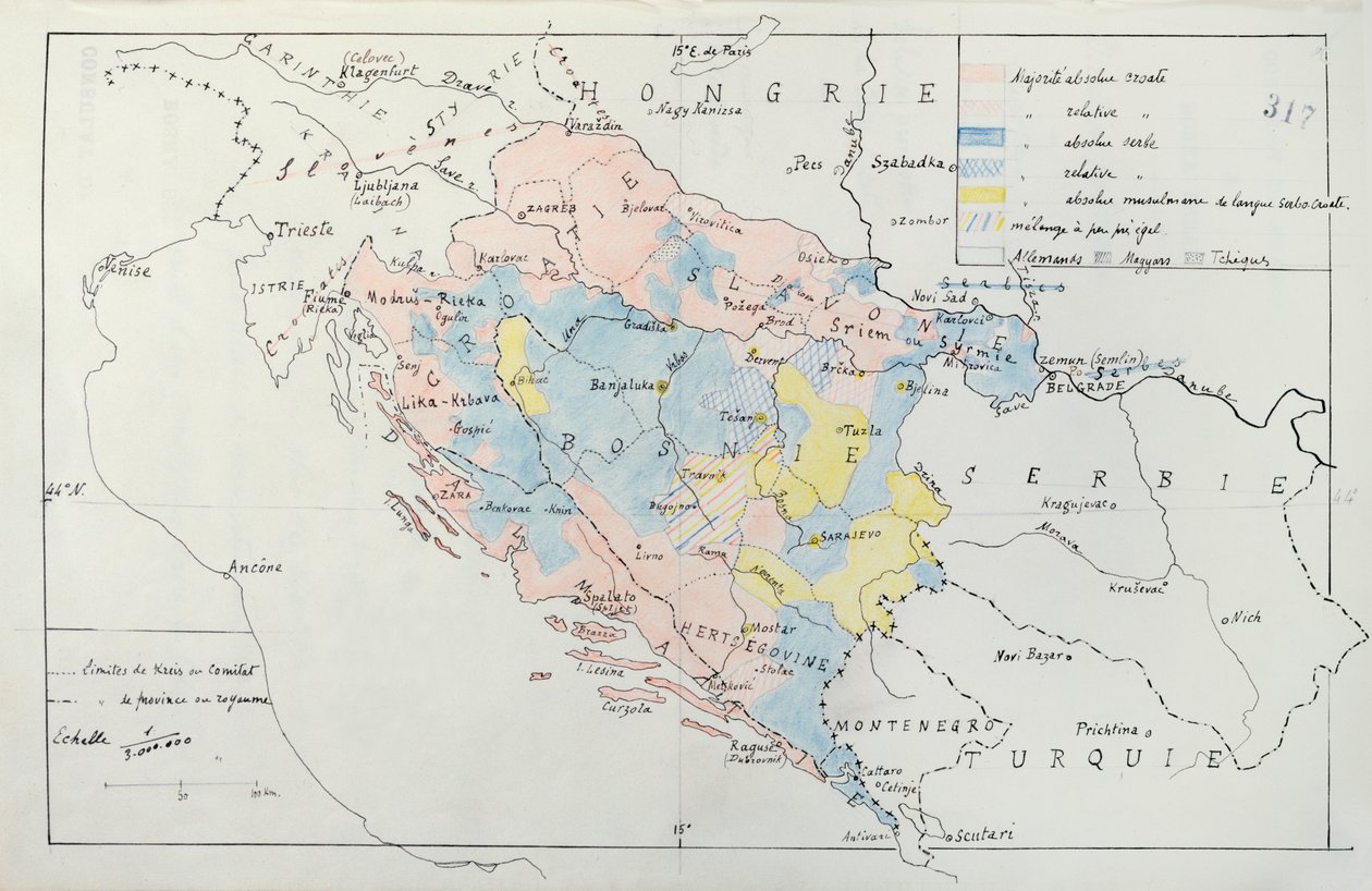 Karta över Bosnien med detaljer om områden ockuperade av etniska minoritetsgrupper, 1910 (penna, bläck och wc) av French School