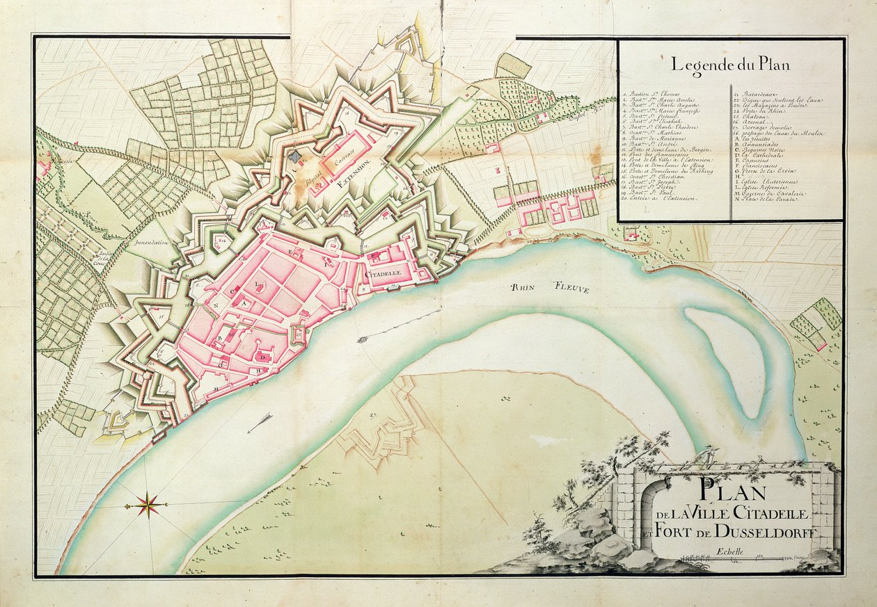 Karta över Düsseldorf (penna och bläck på papper) av French School