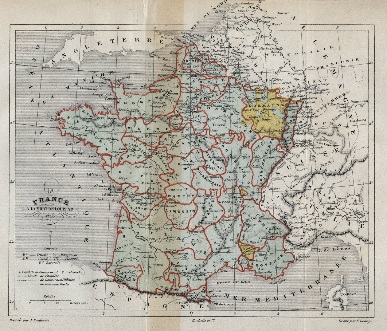 Karta över Frankrike vid Ludvig XIV:s död 1715 - Plan de La france a la mort de Ludvig XIV en 1715 - gravyr i "" Histoire de France" av Victor Duruy (1811-1894) - 1882 av French School