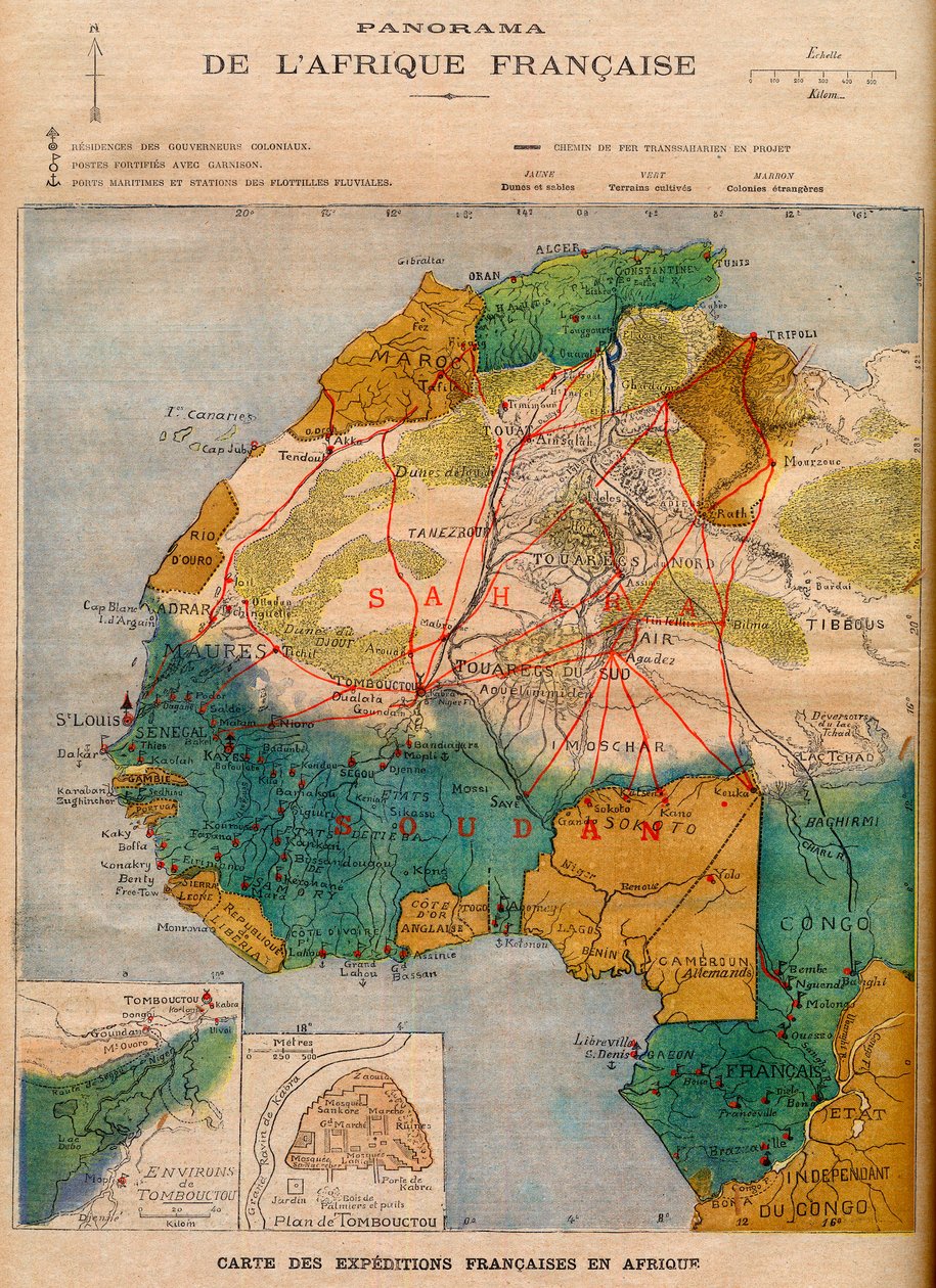 Karta över franska expeditioner i Afrika, illustration från ”Le Petit Journal” den 5 mars av French School