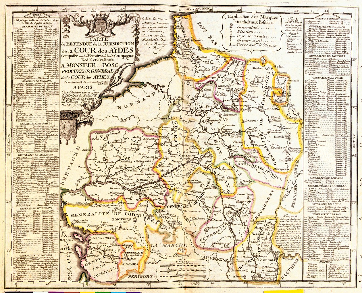 Karta över franska territorier under skatt, 1709, från Le Theatre du Monde av Jean-Baptiste Nolin, publicerad 1717 (handkolorerad gravyr) av French School