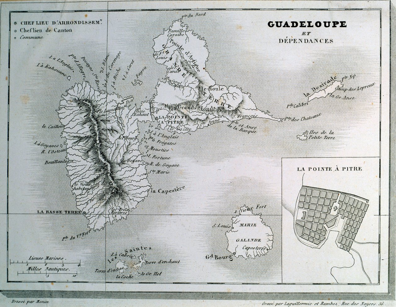 Karta över Guadeloupe och dess beroenden. Gravyr av 1800-talet. Chartres, Museum of Fine Arts av French School