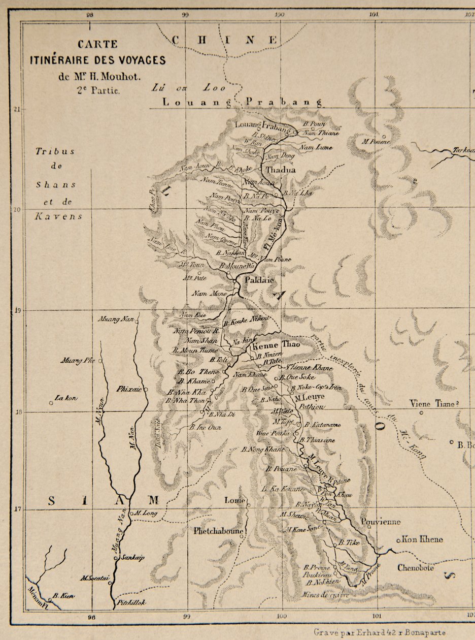 Karta över Laos och Mekongfloden som visar vägen för Henri Mouhots resa, illustration från Resor i de centrala delarna av Indo-Kina (Siam), Kambodja och Laos under åren 1858, 1859, en av French School