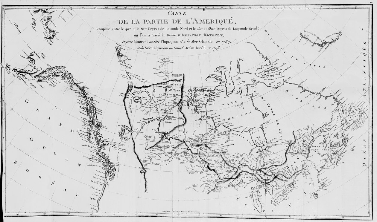 Karta över Nordamerika, som visar Sir Alexander Mackenzies expeditioner 1789 och 1798 till Ishavet av French School