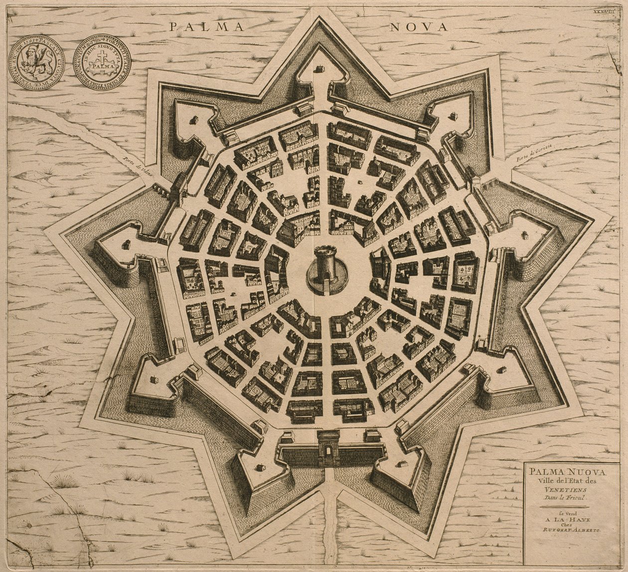 Karta över Palmanova, från Les Villes de Venetie, 1704, publicerad av Rutgert Alberts i Haag av French School