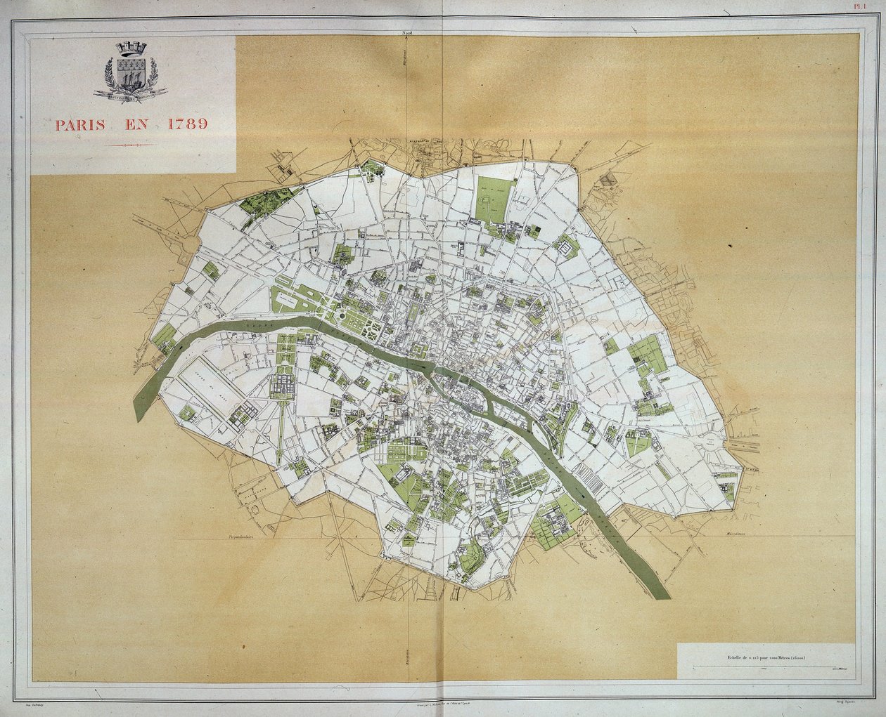 Karta över Paris 1789, hämtad från "Les Travaux de Paris 1789-1889, Atlas", Imprimerie Nouvelle av French School