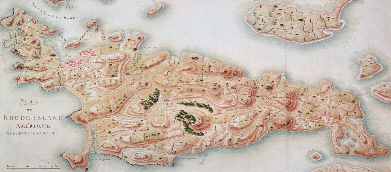 Karta över Rhode Island vid tiden för dess ockupation 1780-81 av den franska armén på order av Jean-Baptiste de Vimeur (1725-1807) greve av Rochambeau av French School