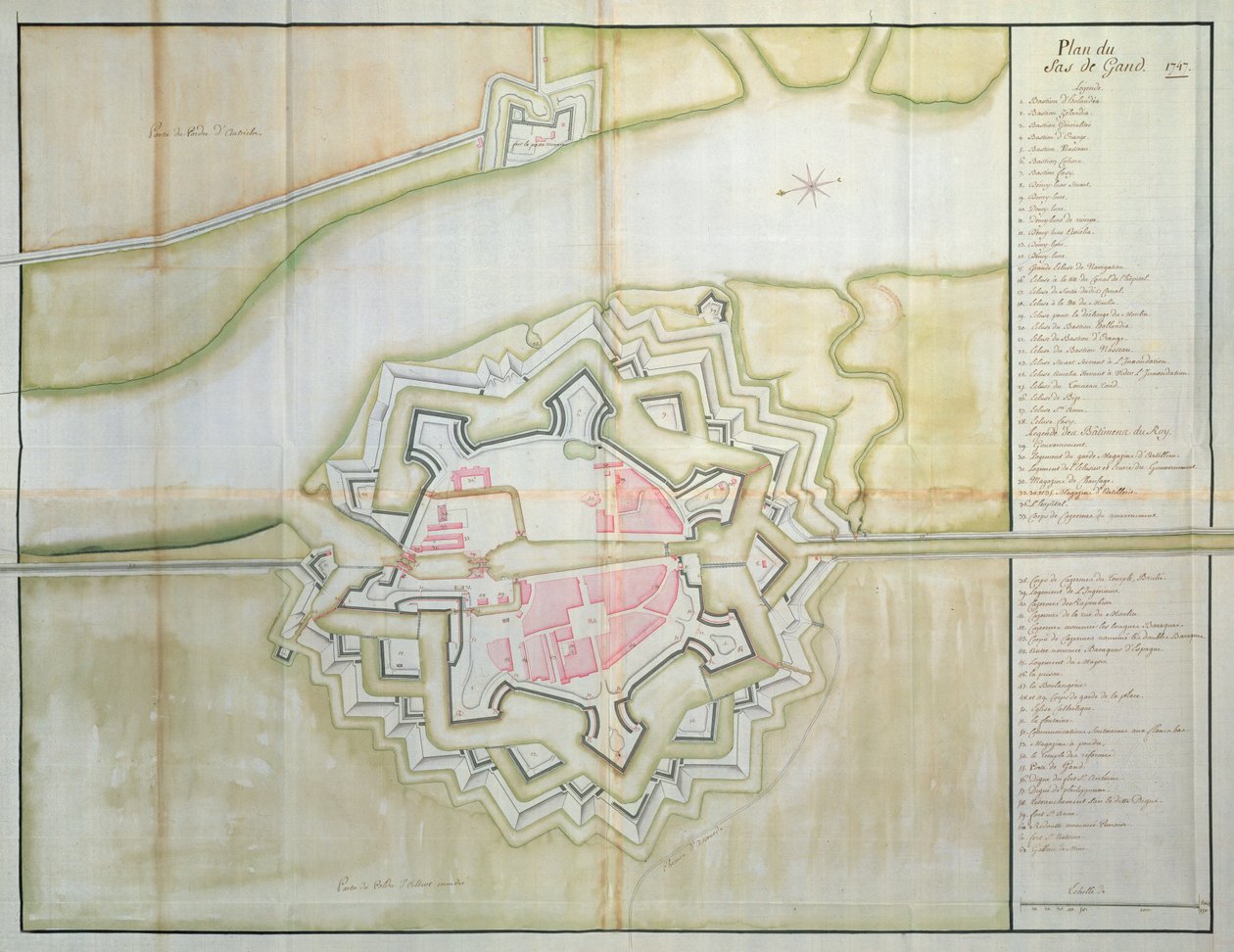 Karta över Sas van Gent, Nederländerna, 1747 (penna, bläck och wc på papper) av French School