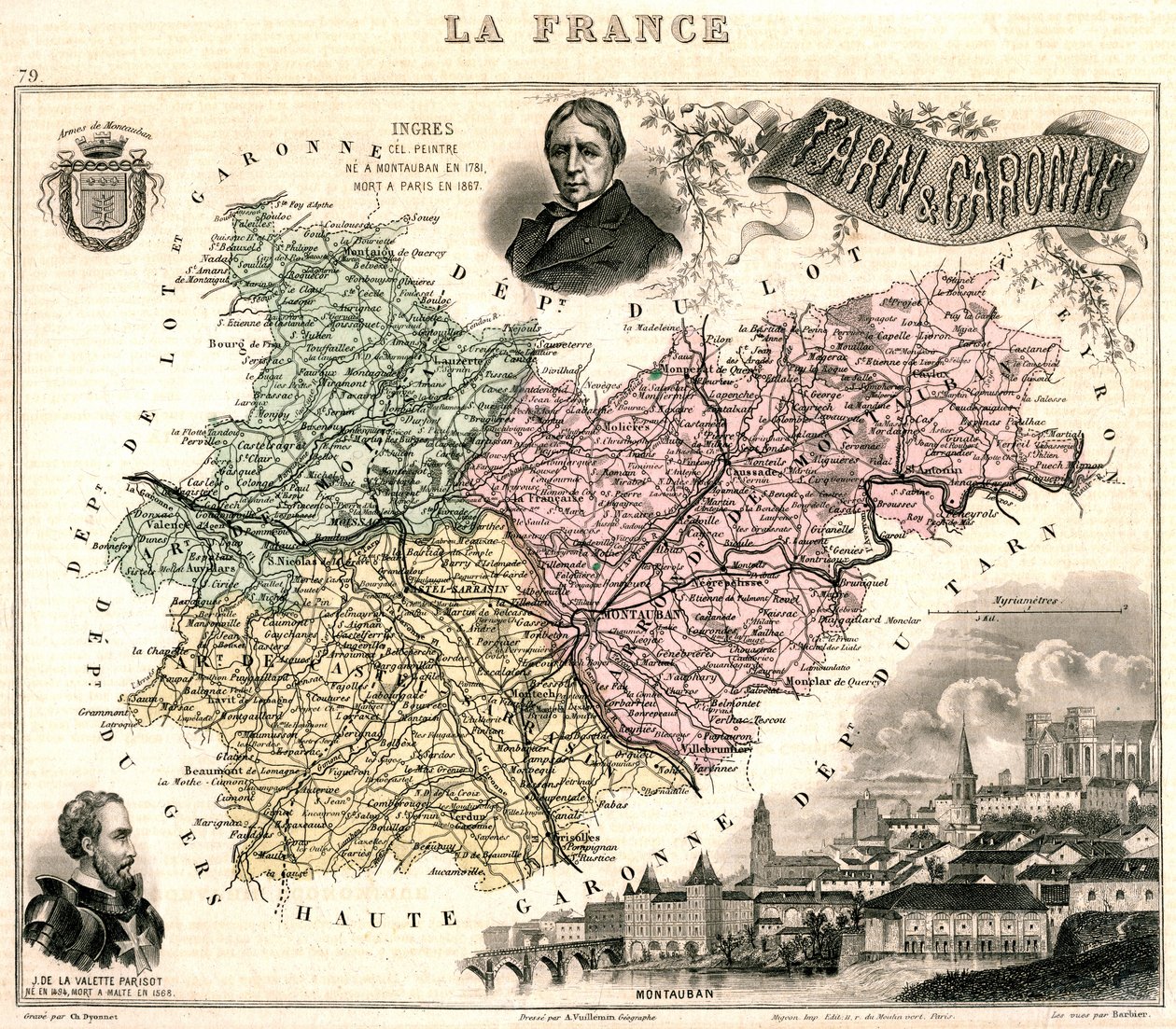Karta över Tarn-et-Garonne med utsikt över Montauban och porträtt av Ingres och Jean Parisot de La Valette (färg litho) av French School