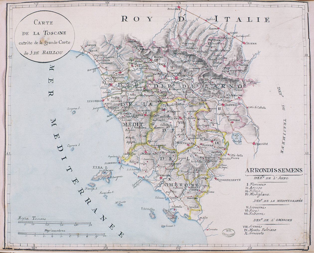 Karta över Toscana, detalj av den stora kartan över J. de Baillou (penna, bläck och akvarell på papper) av French School