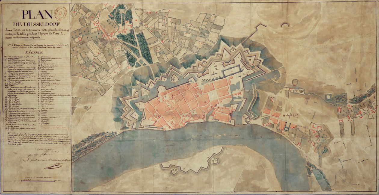 Karta över skador orsakade av Rhen, Düsseldorf, 1799 av French School