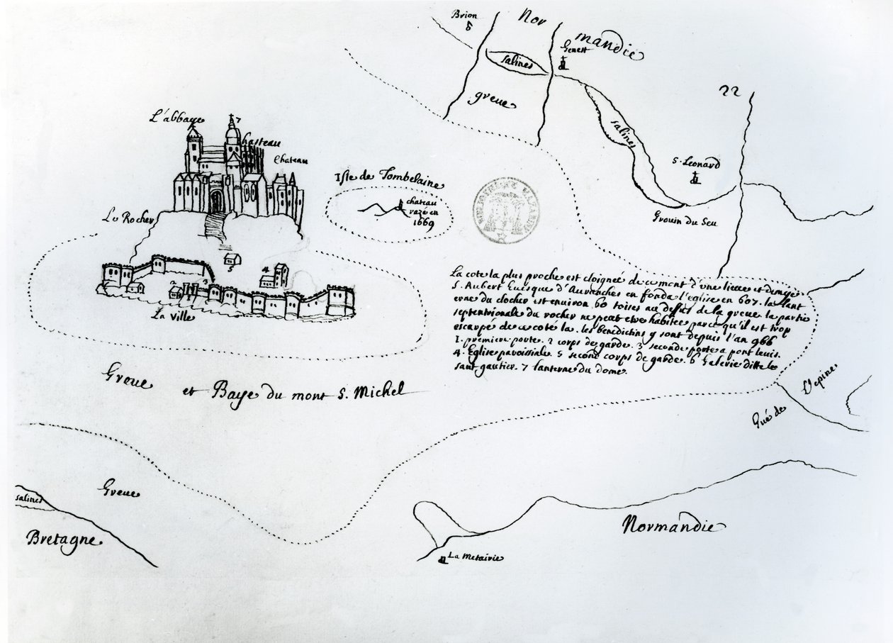 Karta över bukten Mont Saint-Michel (penna och bläck på papper) av French School