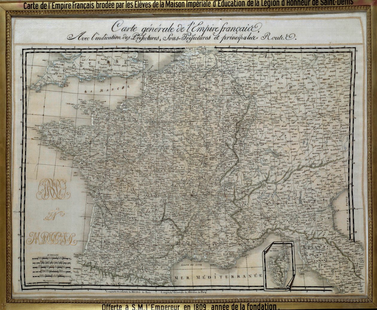 Karta över det franska imperiet (första imperiet) broderad av studenterna vid det imperiala huset för hederslegionen i Saint Denis. Broderibild från 1809. Ile d