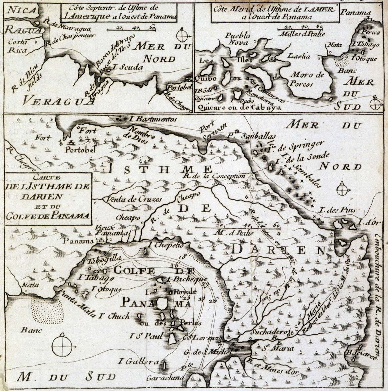 Karta över Dariennäset och Panamabukten i "" Ny resa runt om i världen"" av Guillaume Dampier (William Dampier) av French School