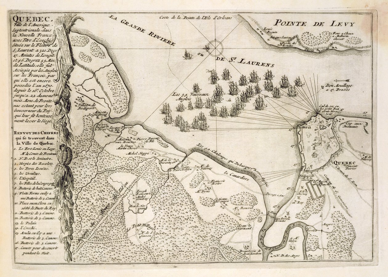 Karta över belägringen av Quebec av den brittiska flottan, 1670 av French School