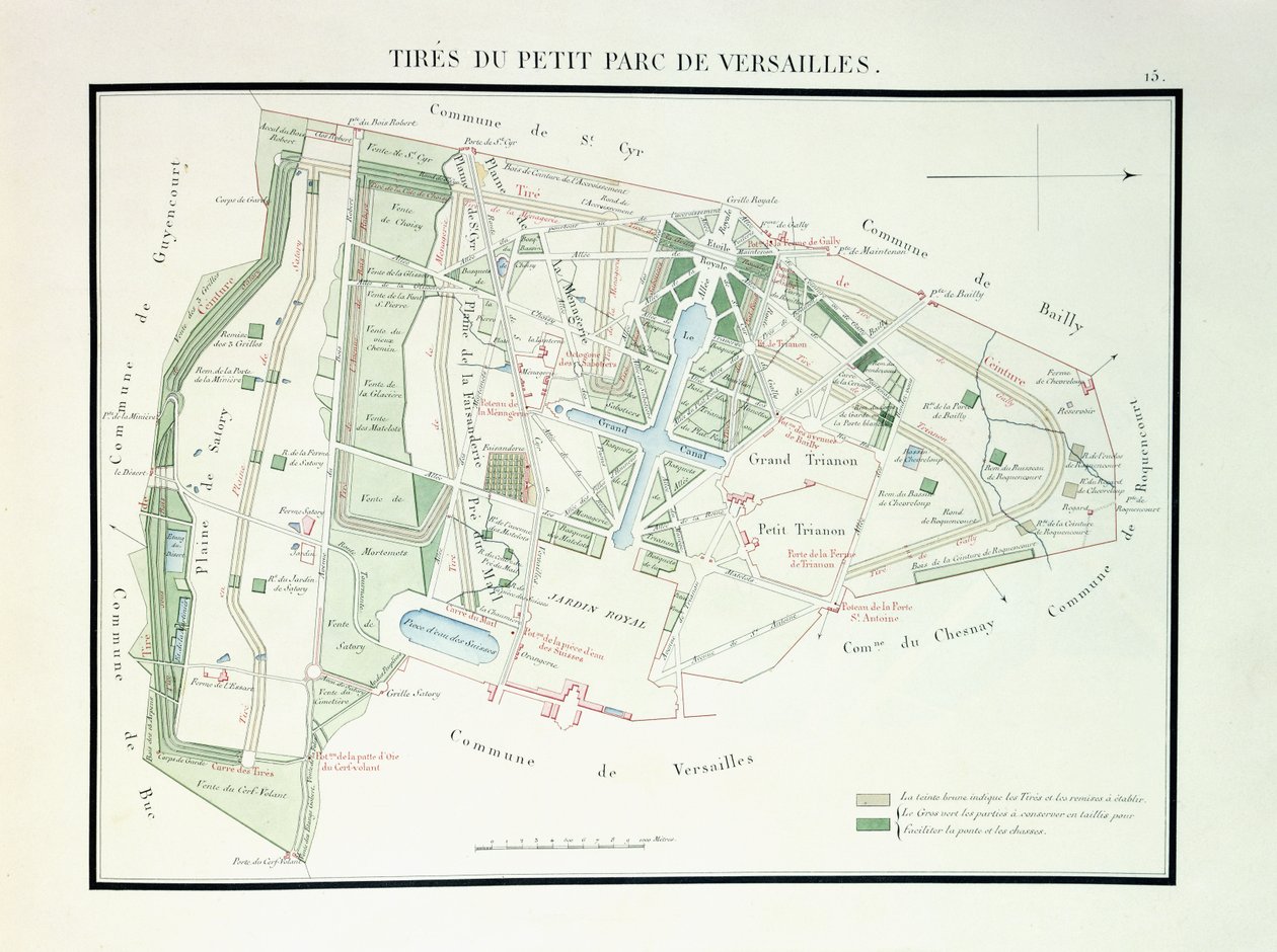 Karta över den lilla parken i Versailles, 1818-1819 av French School