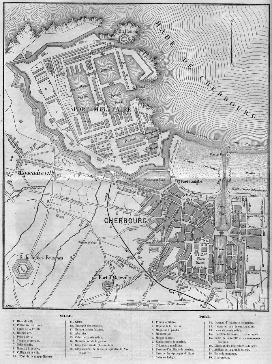 Karta över staden och hamnen i Cherbourg, Manche (50) av French School