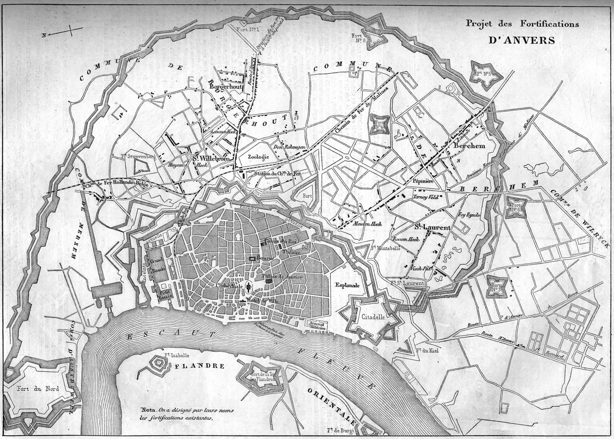Karta över staden Antwerpen (Belgien) 1859; som representerar projektet med de nya befästningarna. Gravyr i "" Le Monde Illustré"" nr 128 den 24 september av French School