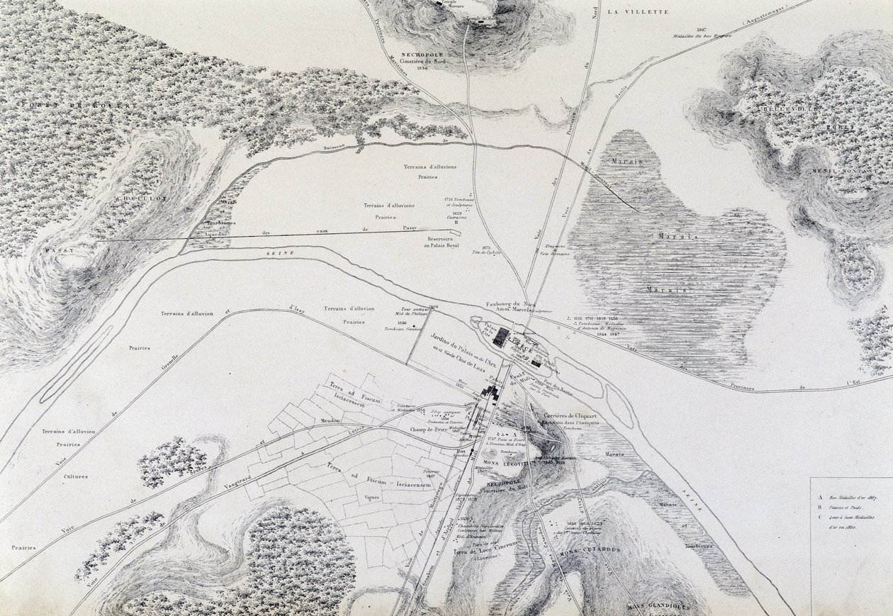 Karta över staden Lutèce (Lutetia Parisorium idag Paris) och dess omgivning gjord 1882. av French School