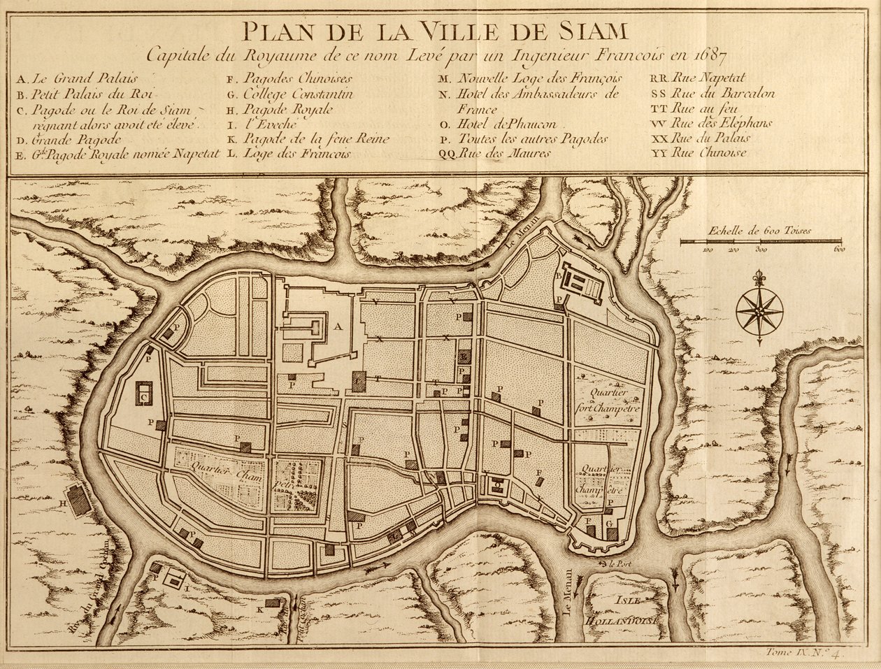 Karta över staden Siam, huvudstad i kungariket med det namnet efter en undersökning gjord av en fransk ingenjör 1687, publicerad i 1751 års upplaga av Histoire Generale des Voyages av Antoine Prevost av French School