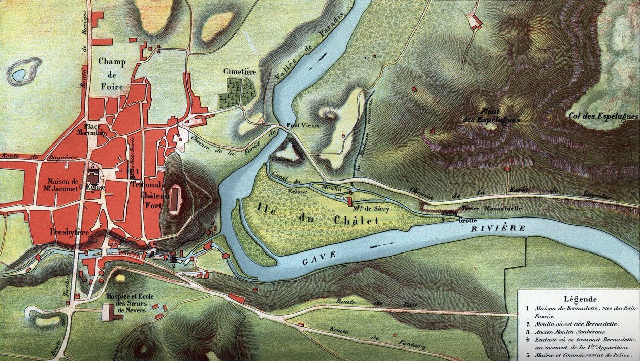 Karta över landet Lourdes 1858, året för Bernadette Soubirous visioner: den visar platsen för hennes hus och grottan. Höga Pyrenéerna (65). Kromolitografi i "" Notre Dame de Lourdes"" av Henri Lasserre av French School