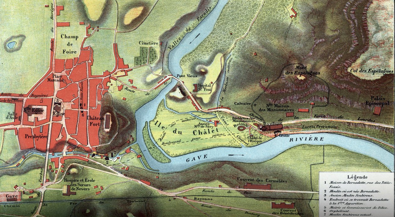 Karta över landet Lourdes 1877: den visar platsen för Bernadette Soubirous hus, grottan där hon skulle ha sett Jungfru Maria, samt basilikan, karmeliternas och benediktinernas kloster och biskopspalatset. Hög Pyren av French School