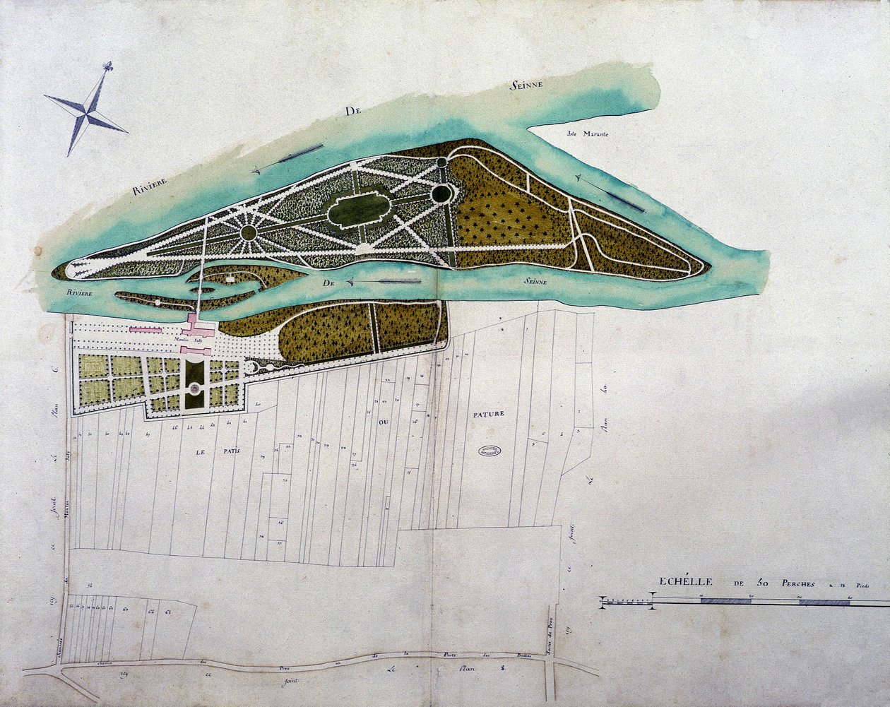 Karta över trädgården i Moulin Joly. Skylt med atlas över planer för Colombes territorium (1780), bevarad i National Archives. av French School