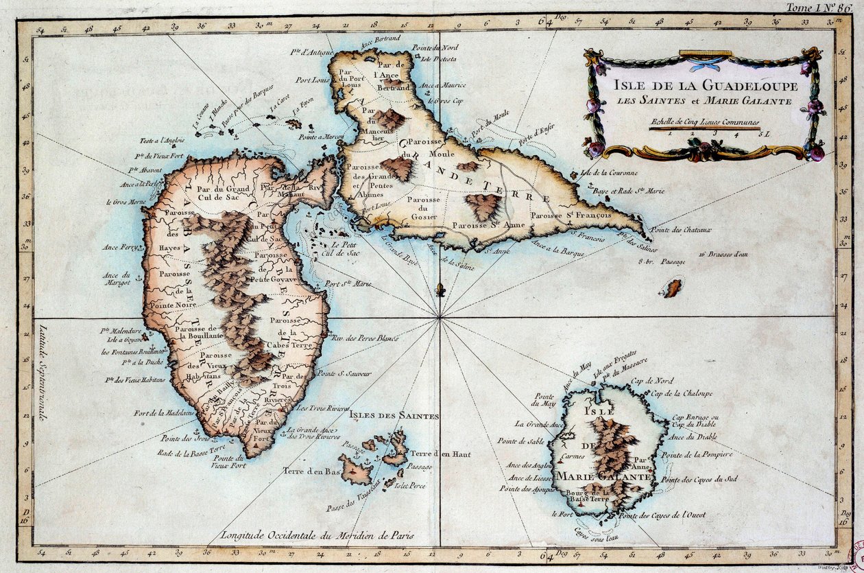 Karta över ön Martinique, ön Saintes och ön Marie Galante i Västindien. Gravyr av 1800-talets Chartres, Musee des Beaux Arts av French School