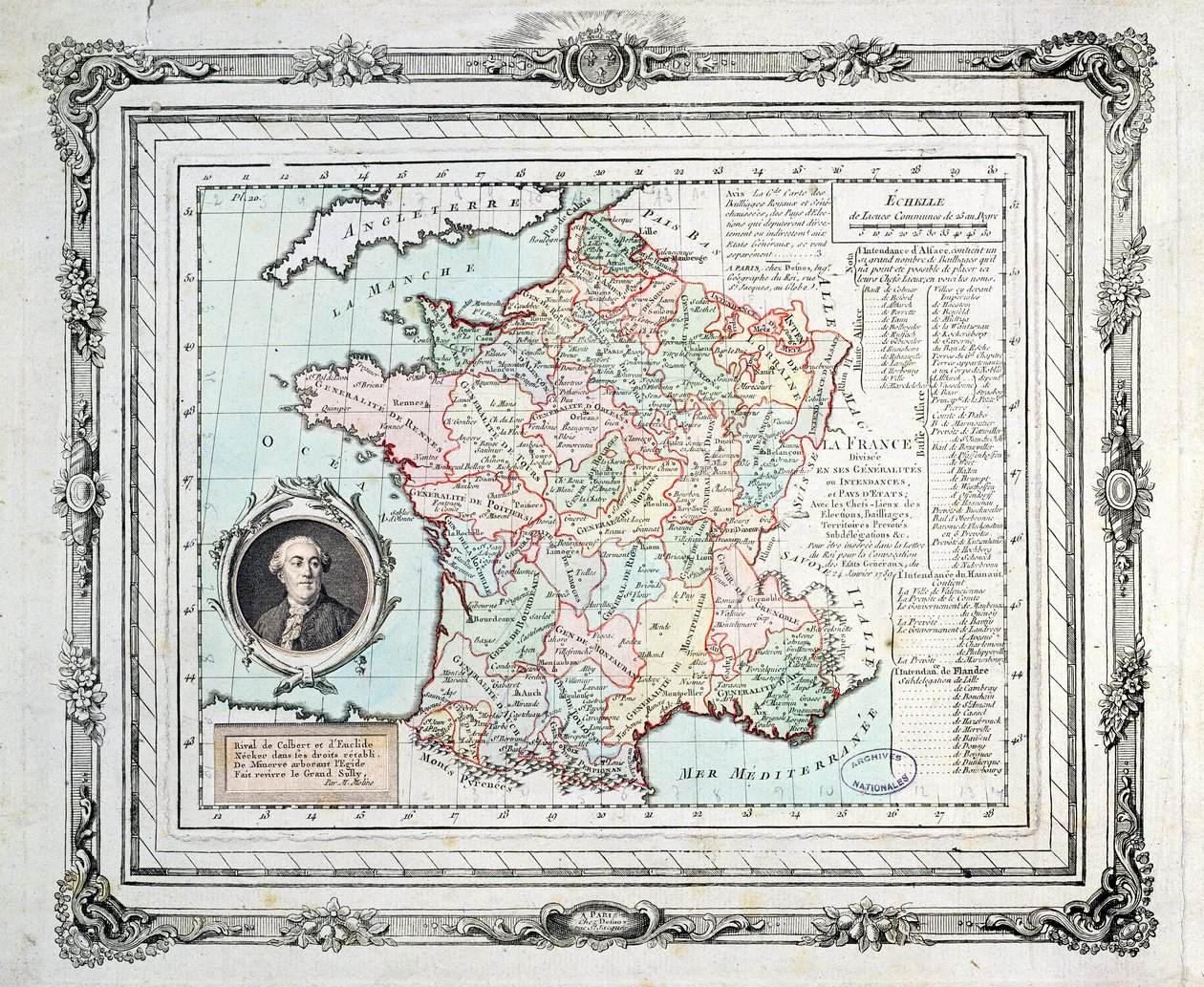 Karta över Frankrikes regioner och distrikt, känd som Carte de Necker, 1789 av French School