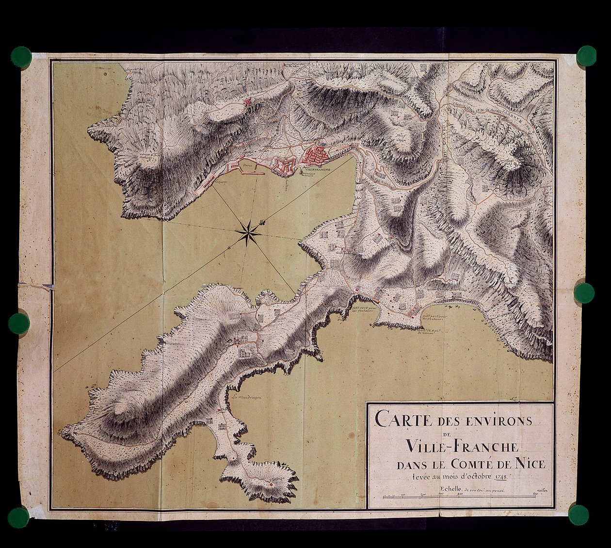 Karta över omgivningarna i Villefranche i greven av Nice-däcken i oktober 1748 av French School