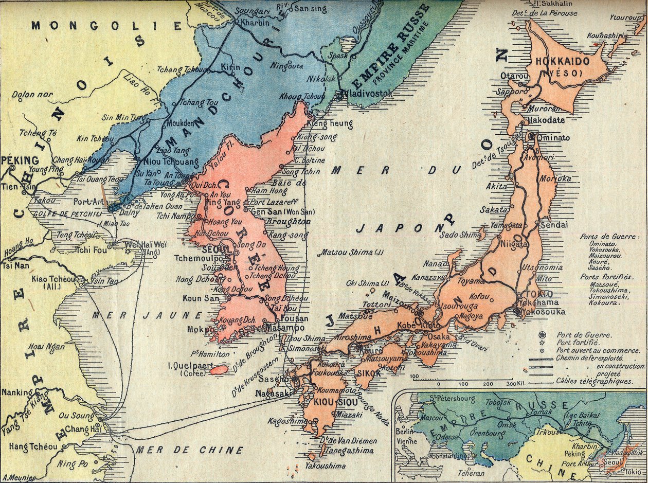 Karta över teatern av det rysk-japanska kriget. Karta över krigsteatern rysk-japanska kriget (japanska ryska kriget) - Illustration för Le petit Journal, 28 februari 1904 av French School
