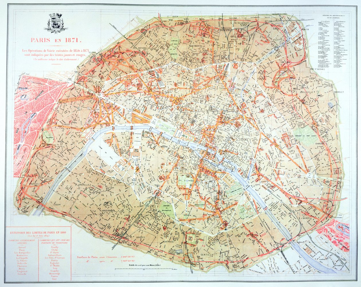 Karta som visar omfattningen av arbetet under Haussmannperiodens utveckling i Paris 1854-71, 1871 av French School